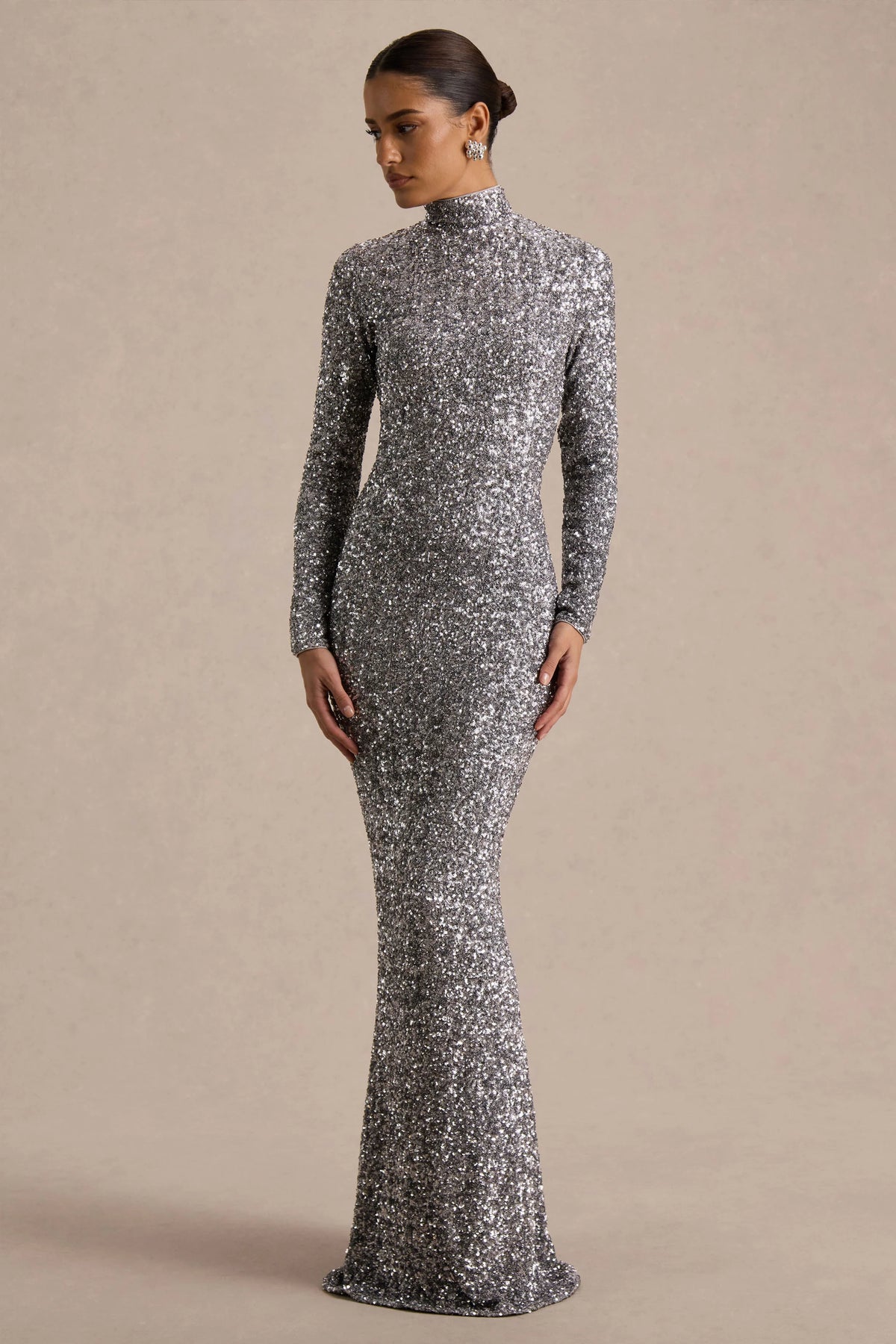 Galaxy | Silver Sequin Turtle-Neck Long-Sleeve Maxi Dress
