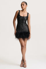 Rosalinda | Black Sequin Square-Neck Mini Dress With Feather Trim