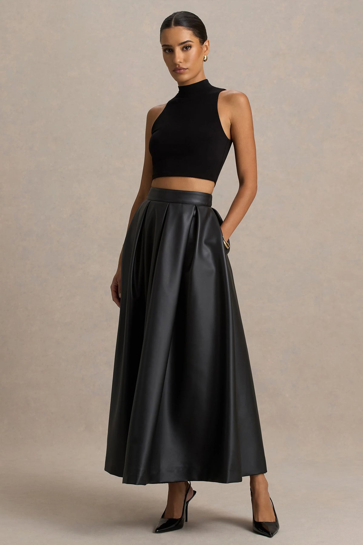 Noa | Black Faux Leather A-Line Midi Skirt