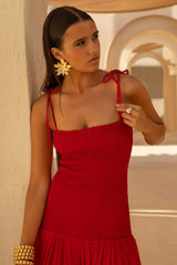 Maeva | Red Square-Neck Fishtail Maxi Dress With Ruched Detailing
