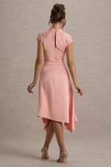 Velma | Light Pink Satin Midi Dress With Draped Hem