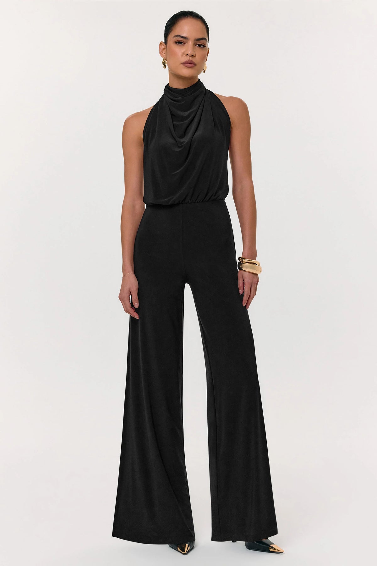 Asha | Black High-Neck Jumpsuit With Ruched Detail