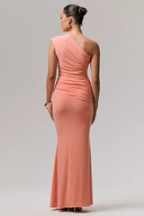Mardi | Coral Asymmetric Maxi Dress With Ruching