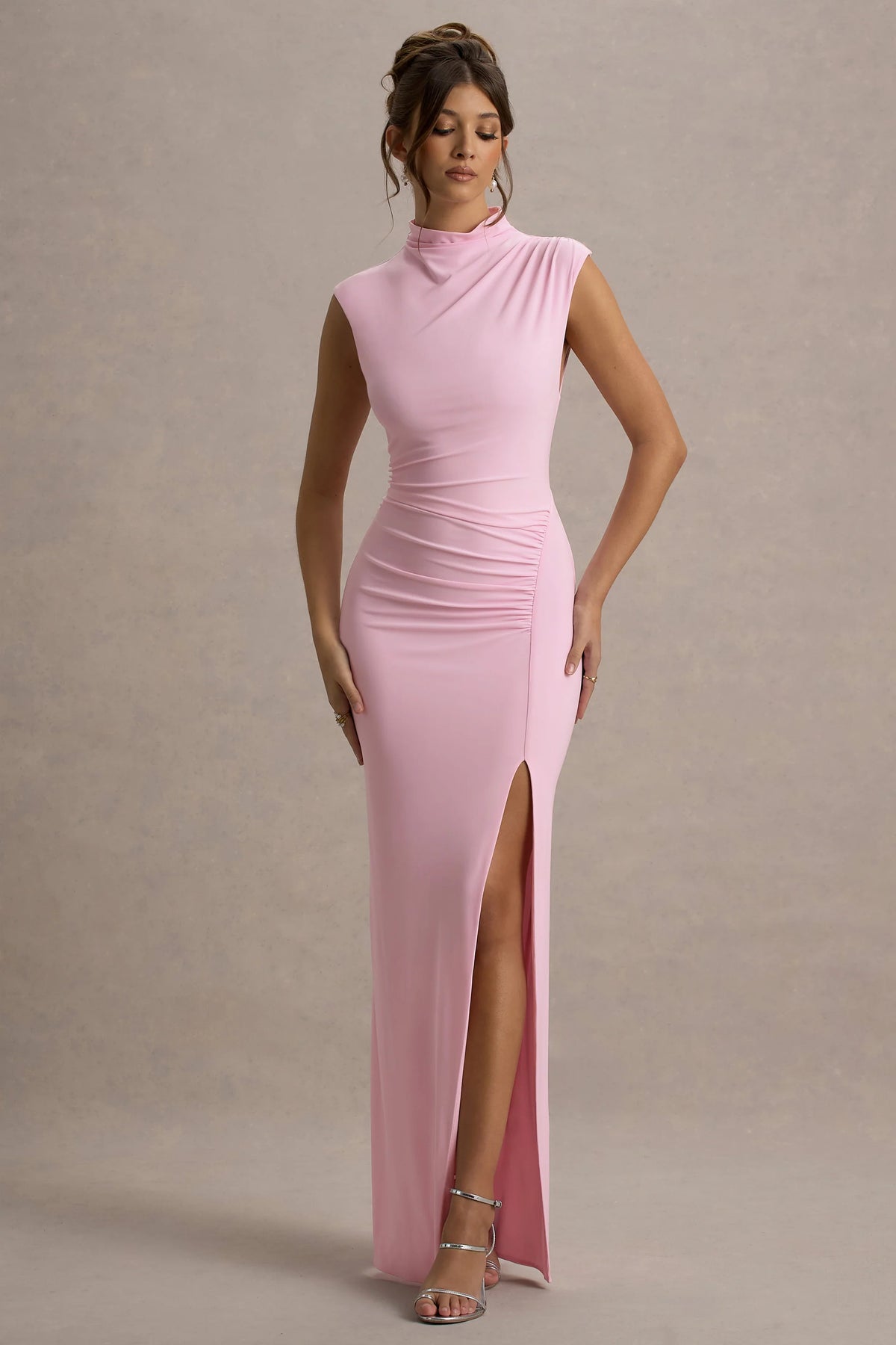 Lanetta | Pink Ruched High-Neck Maxi Dress With Split