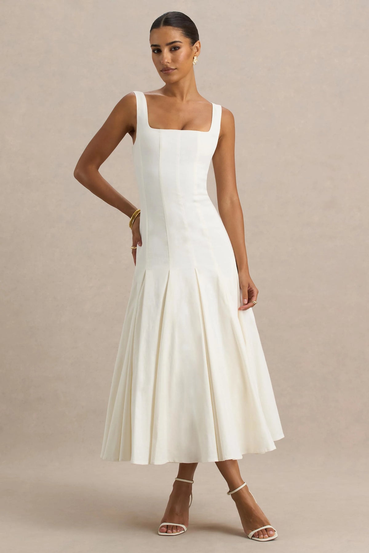 Magnolia | White Scoop-Neck Midi Dress With Drop-Waist And Ruffling Detail