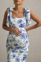 Linnie | Blue Floral Print Square-Neck Maternity Midi Dress With Bow Straps