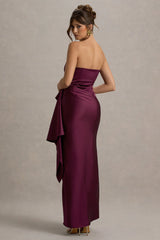 Loz | Burgundy Satin Bandeau Draped Maxi Dress