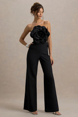 Opia | Black Bandeau Wide-Leg Jumpsuit With Large Floral Corsage