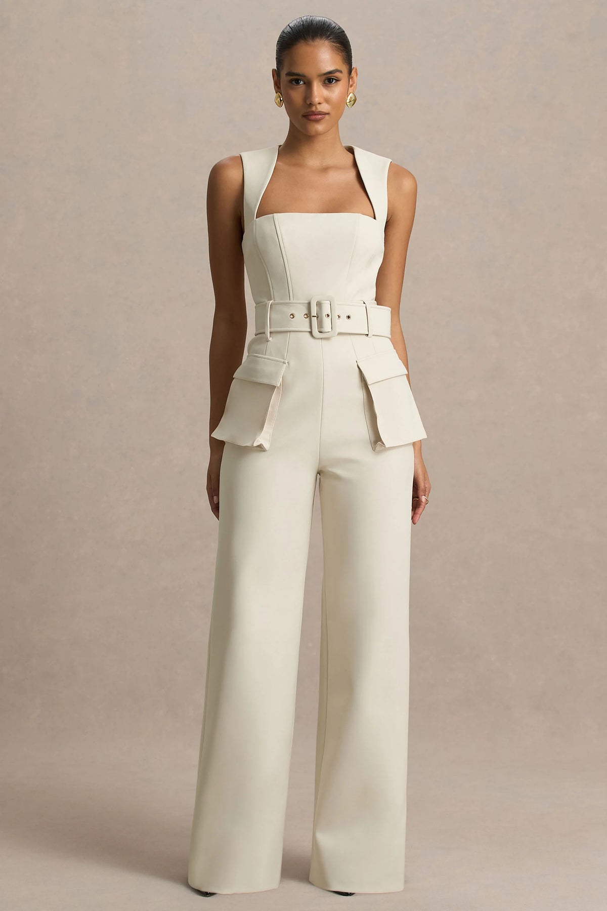 Solice | Cream Square-Neck Tailored Jumpsuit