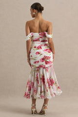 Madelyn | Cream Floral Print Short-Sleeve Bardot Wrap Maxi Dress With Ruching