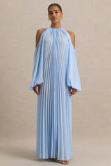 Reyna | Powder Blue Pleated Chiffon Cold-Shoulder Maxi Dress