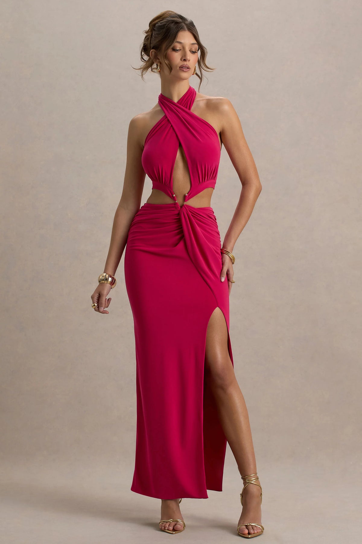 Aura | Hot Pink Halter-Neck Cut-Out Split Maxi Dress