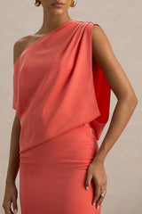Ronnie | Coral Satin Asymmetric-Neck Maxi Dress With Draping Detail