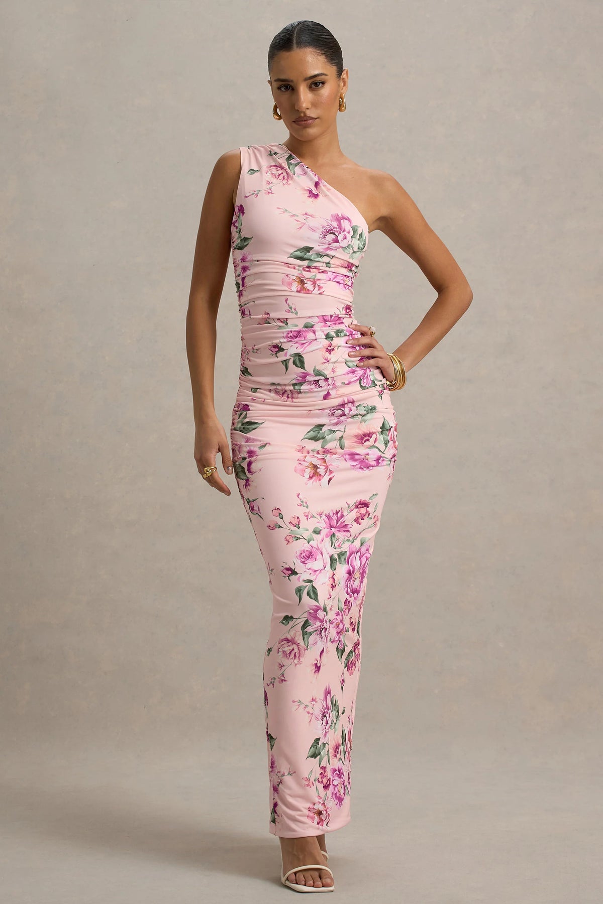 Dalarie | Pink Floral Print One-Shoulder Gathered Maxi Dress