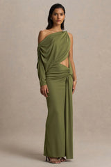 Layla | Olive Asymmetric-Neck Wrap Maxi Dress With Body Cut-Out And Ruched Detailing