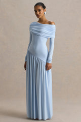 Farah | Powder Blue High-Neck Maxi Dress With Drop Waist And Ruched Detailing