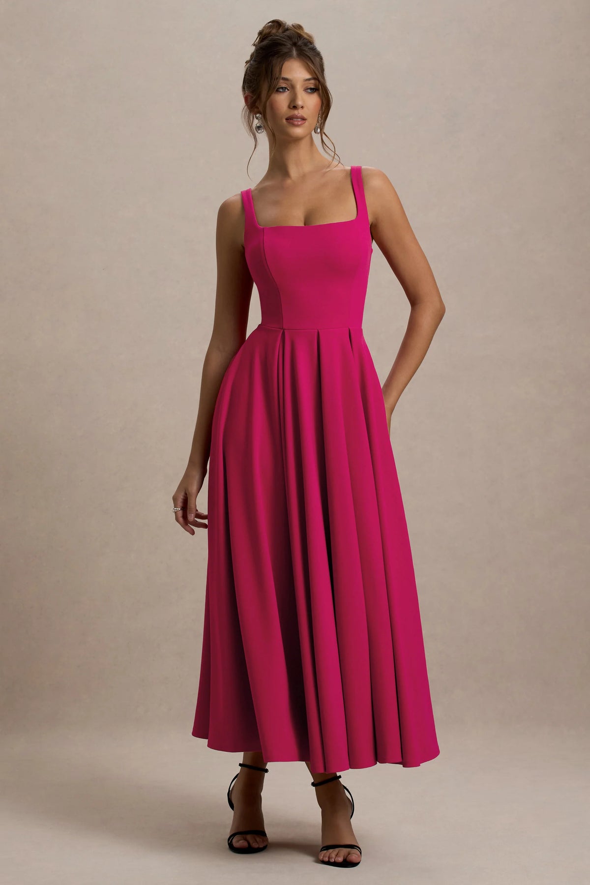 Parina | Hot Pink Strappy Volume-Hem Midi Dress