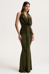 Lavernia | Olive Velvet Halter-Neck Maxi Dress With Gathered-Detailing