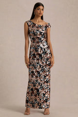 Electric | Black Sequin Floral Velvet Asymmetric-Neck Maxi Dress