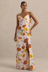 Thames | Bright Floral Print Satin Cowl-Neck Maxi Dress