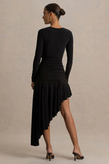 Alexia | Black Asymmetric-Neck Maxi Dress With Embellishment And Ruched Detailing
