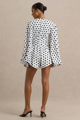 Laurel | White Polka Dot V-Neck Balloon Sleeve Playsuit
