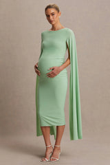 Providence | Light Green High-Neck Maternity Midi Dress With Cape Sleeves