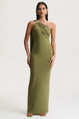 Mandy | Olive Asymmetric-Neck Maxi Dress With Gold-Detail