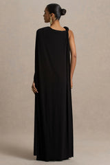 Cressida | Black Asymmetric-Neck Maxi Dress With Cape