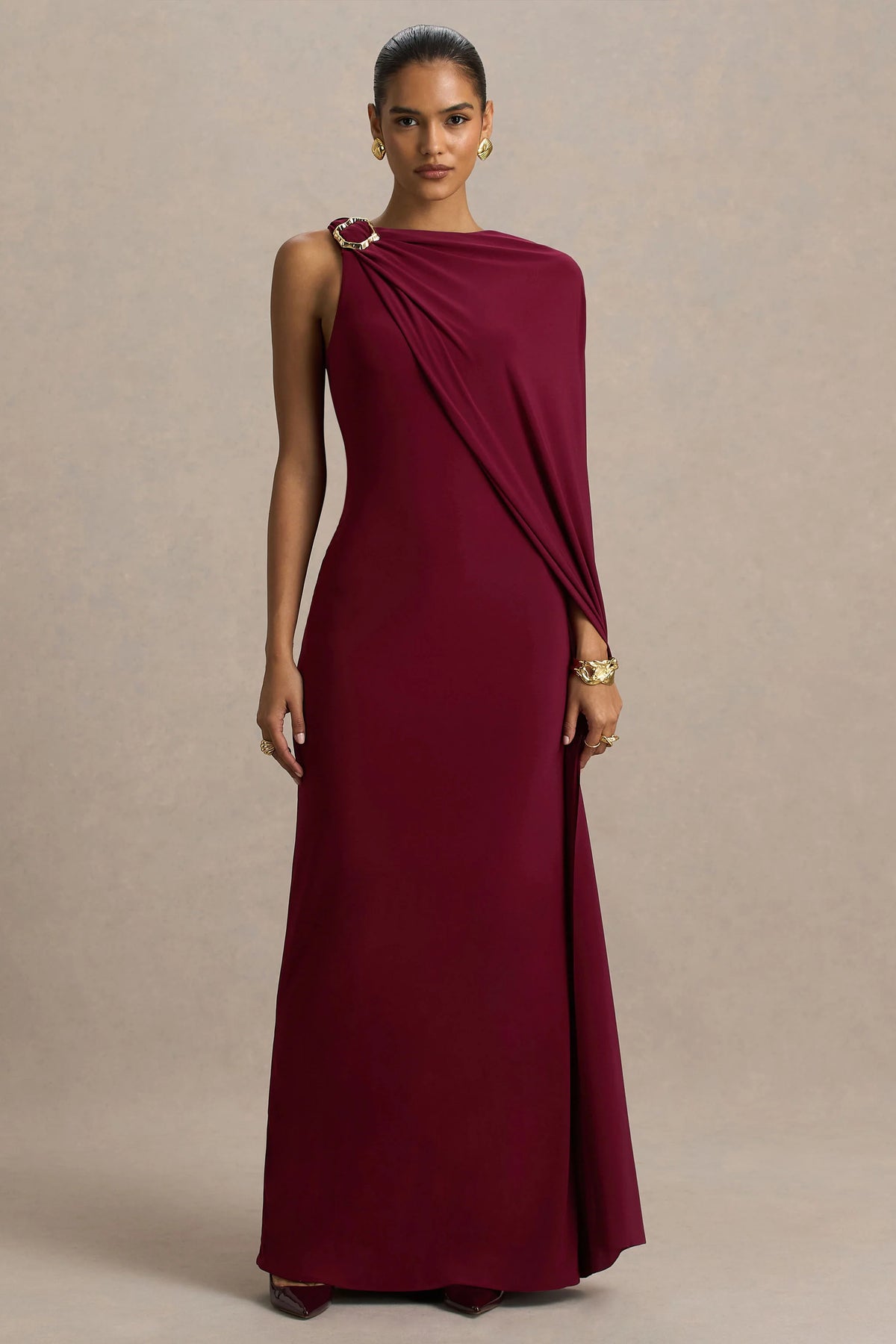 Cressida | Burgundy Asymmetric-Neck Maxi Dress With Cape