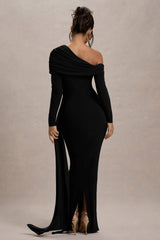 Valina | Black Ruched Asymmetric Maxi Dress With Drape