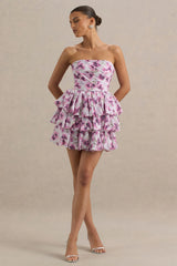 Swirl | Cream Floral Print Bandeau Puffball Mini Dress With Ruffle Detail
