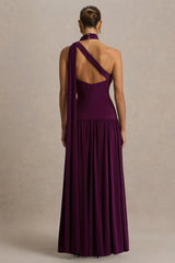 Freesia | Plum Asymmetric-Neck Maxi Dress With Scarf-Detail
