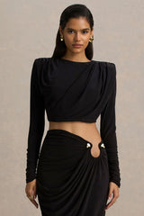 Fluxy | Black Long-Sleeved Crop-Top With Ruched Detailing