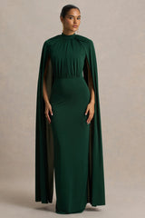 Darielle | Bottle Green High-Neck Cape-Sleeve Maxi Dress