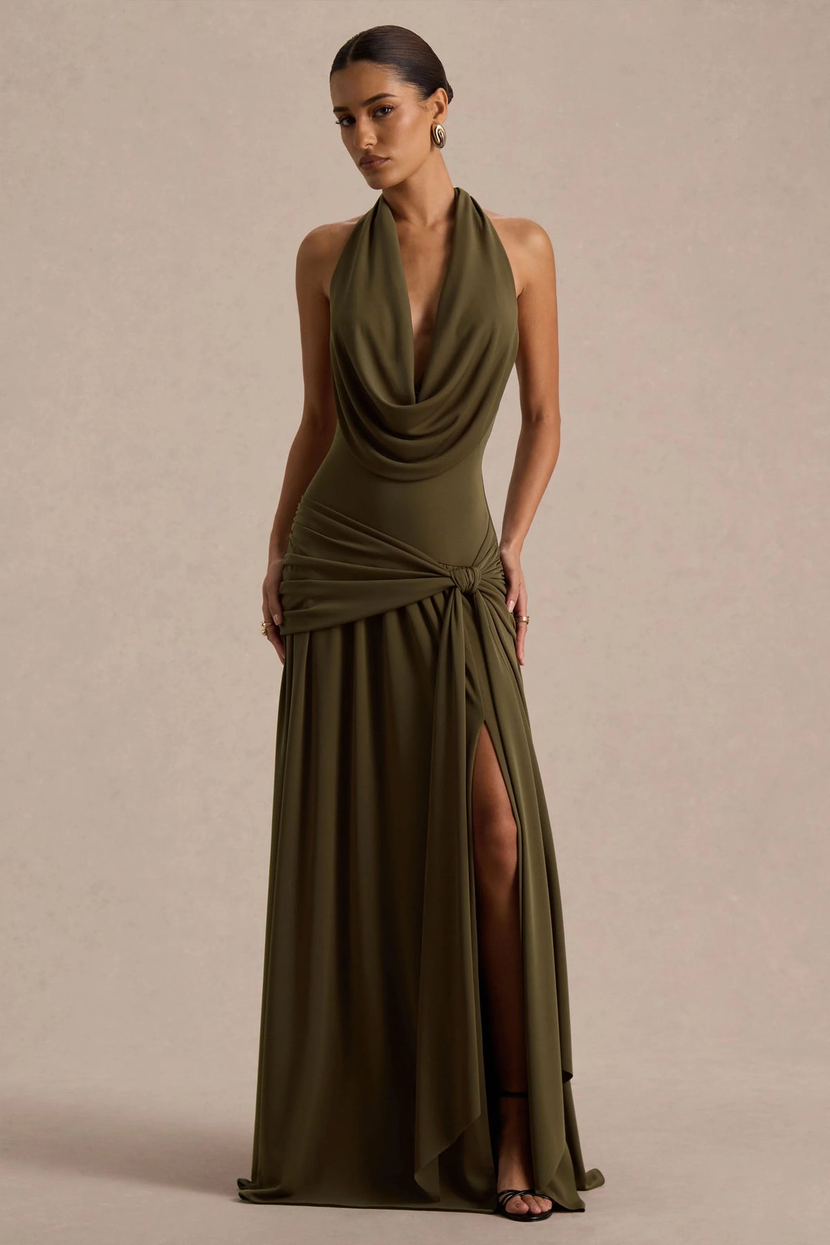 Mist | Olive Plunge-Neck Split Maxi Dress