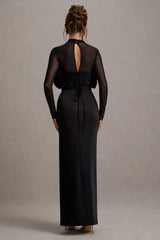 Alder | Black Mesh Long-Sleeve Ruffled Split Maxi Dress