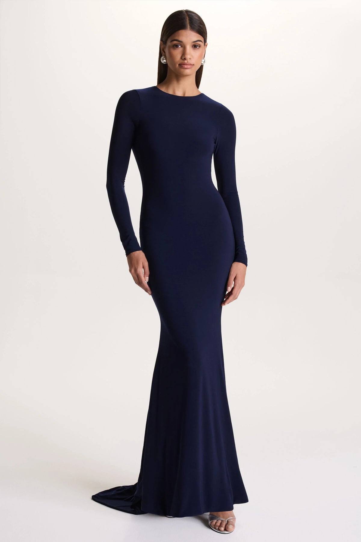 One Step Ahead | Navy Long Sleeve Backless Fishtail Maxi Dress