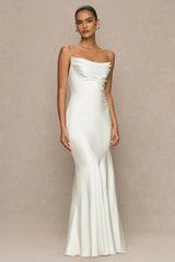 Maelia | Cream Satin Cowl-Neck Maxi Dress With Diamante Straps