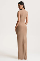Solene | Brown High-Neck Maxi Dress With Wrap And Drape Detail