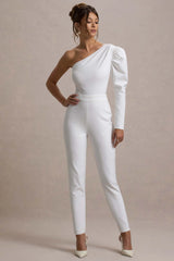 San Jose | White One-Shoulder Puff-Sleeve Jumpsuit