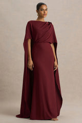 Pristina | Burgundy High-Neck Woven Maxi Dress With Cape Detail
