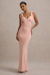 Evanna | Pink V-Neck Maxi Dress With Bow Straps