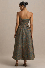 Loretta | Dark Green And Rust Embroidered Bandeau-Neck Midi Dress