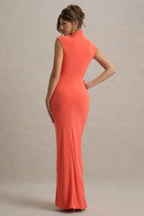 Lanetta | Coral Ruched High-Neck Maxi Dress With Split