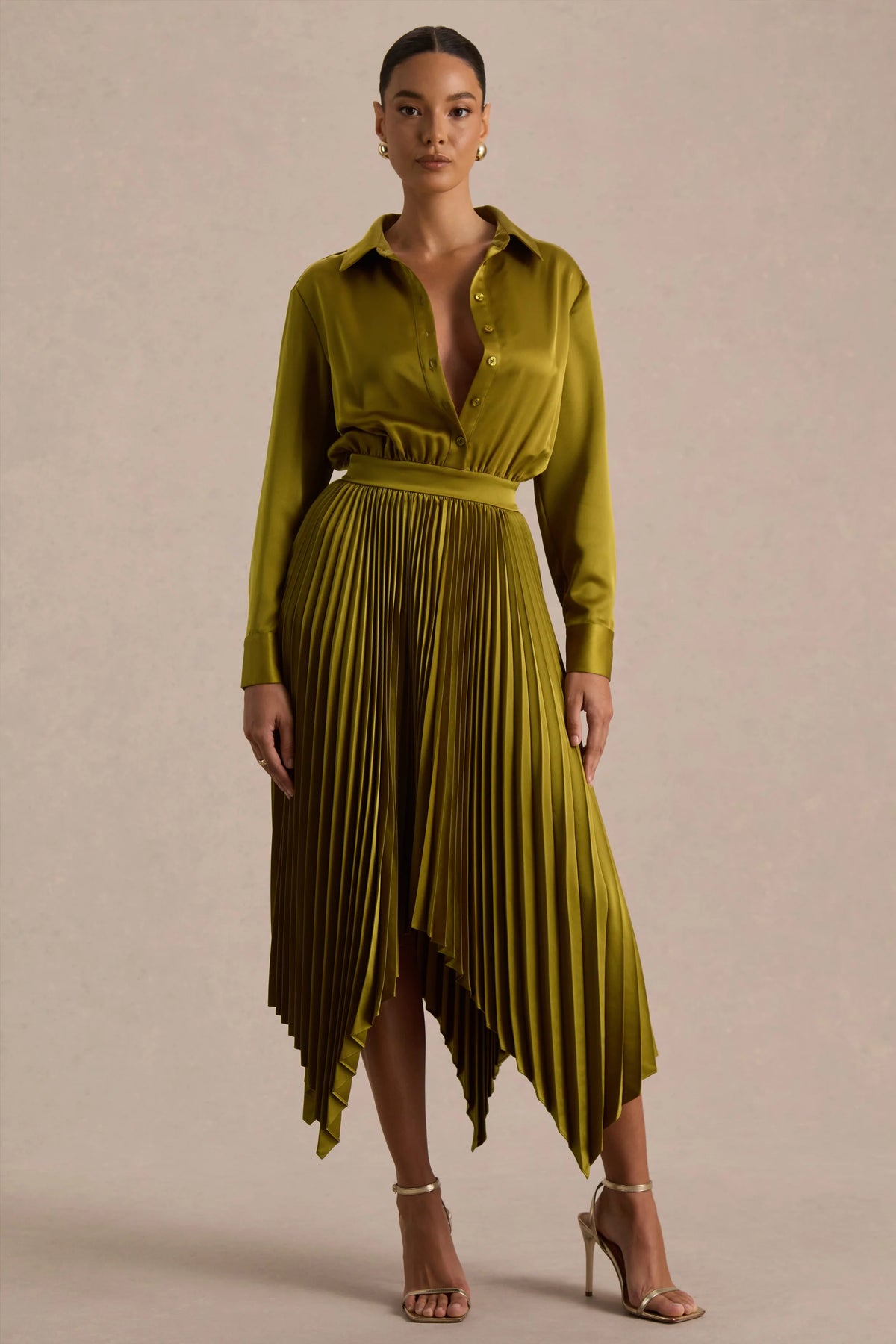 Naxos | Olive Satin Maxi Shirt Dress
