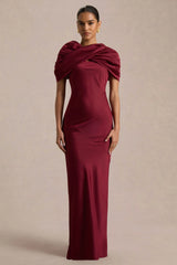 Yoli | Burgundy Satin Maxi Dress With Twist-Cape