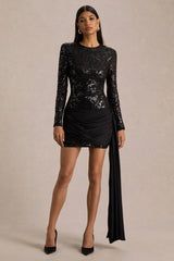 Florecita | Black Embellished Lace Crew-Neck Mini Dress With Sash Detail
