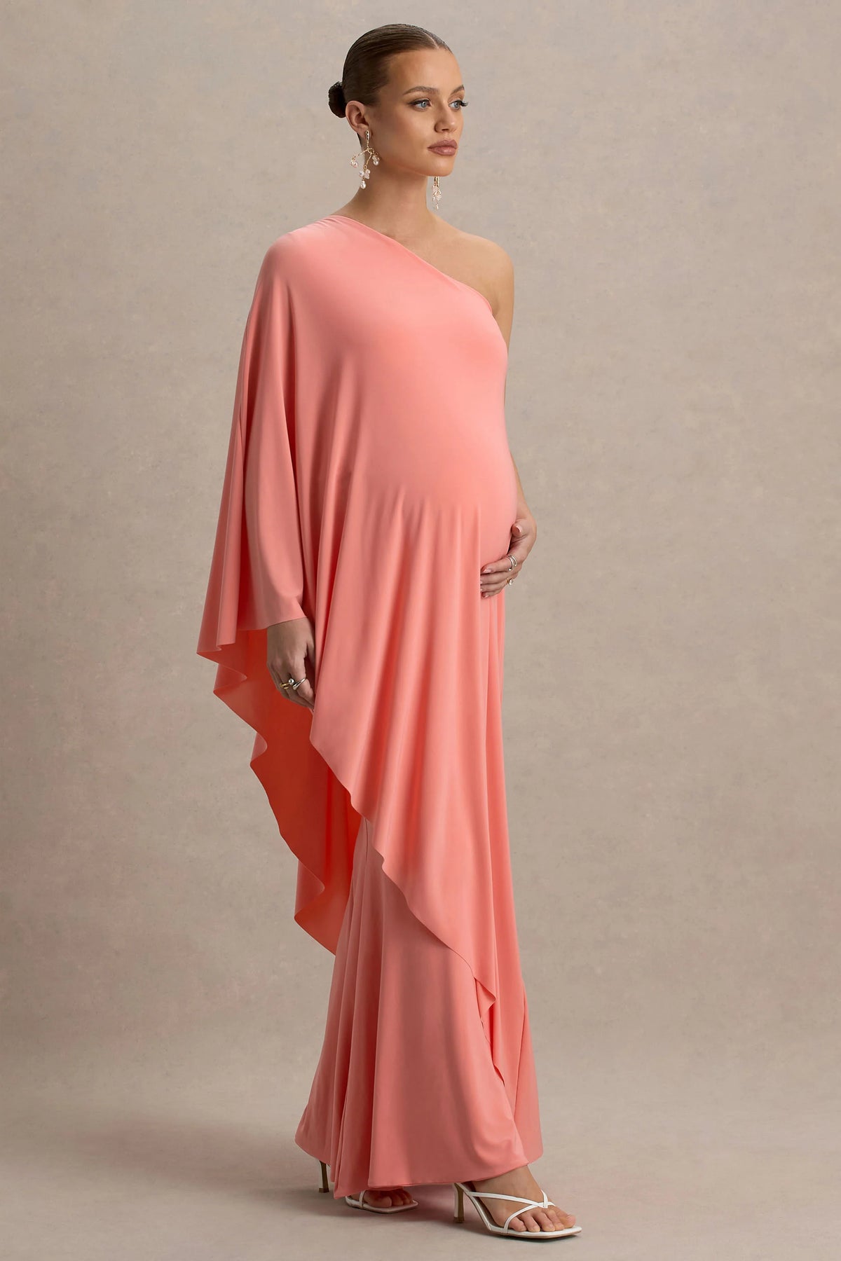Waves | Coral Asymmetric Maternity Maxi Dress With One-Sleeve Cape