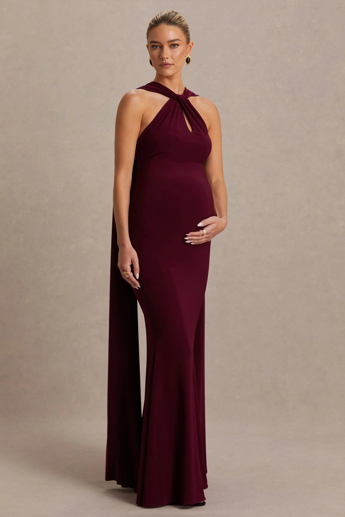 Lyra | Burgundy Cross Halter-Neck Maxi Dress With Cape